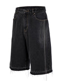 F2CE washed over knee denim shorts with loose silhouette and frayed edges, Vibe casual versatile cropped pants