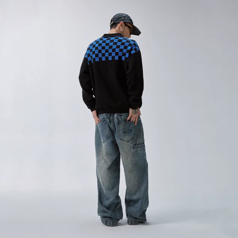 F2CE trendy patchwork color checkerboard patterned polo collar sweater casual loose and versatile men's and women's warm knit sweater