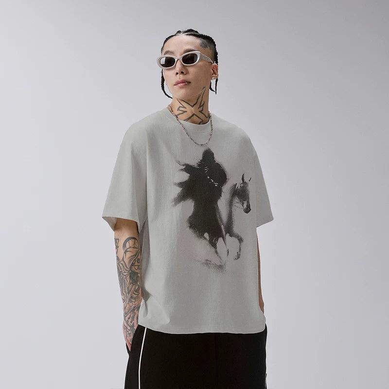 F2CE American Trendy Printed Vintage Round Neck Short Sleeve Loose Trendy High Street Casual T-shirt for Men and Women