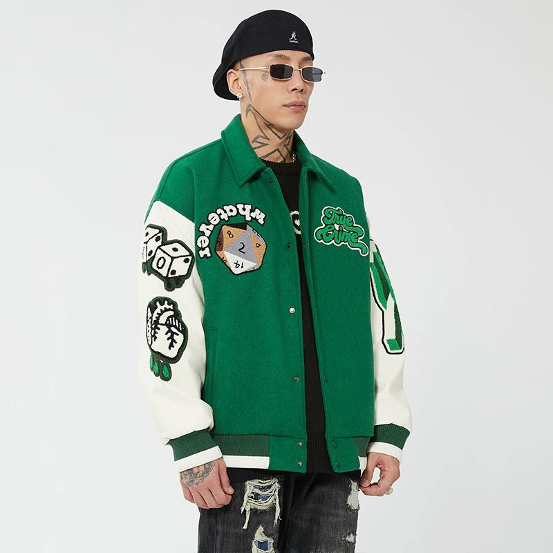 F2CE Trendy Embroidered Baseball Jacket with Green Wool for Autumn and Winter, Trendy Jacket for Couples, Casual High Street Collar Jacket