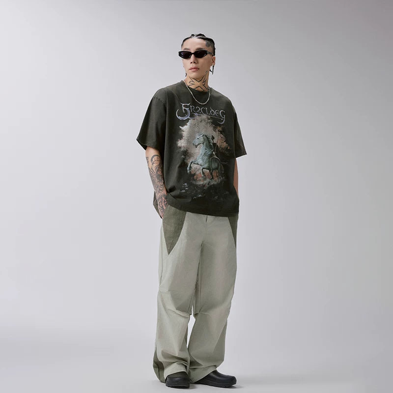 F2CE splicing color blocking functional pleated work pants, loose men's trendy straight leg high street pants, casual pants for spring and summer