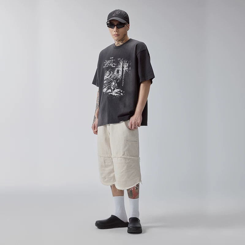 F2CE trendy spliced knee high shorts with loose silhouette, curved edge, high street, Vibe casual versatile cropped pants