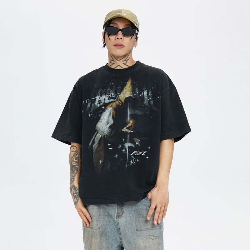F2CE Heavy duty Washed Old American Retro Vintage High Street Trendy Printed T-shirt Summer Loose Casual Short Sleeve