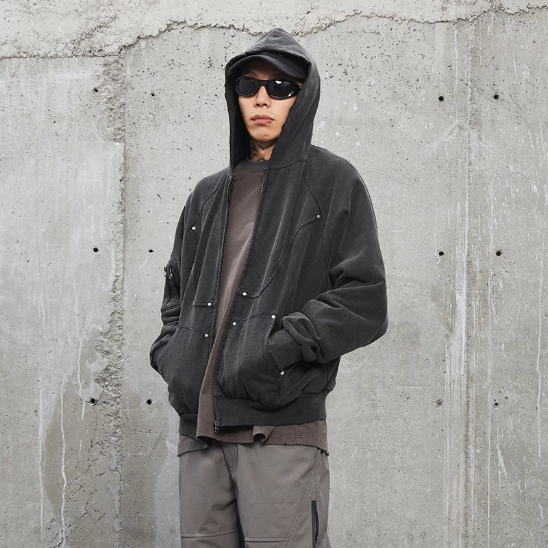 F2CE vintage solid color functional hooded cardigan sweatshirt with worn out studs, loose deconstruction zipper, casual jacket trendy