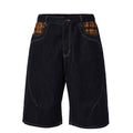 F2CE trendy original color denim shorts with loose silhouette and grid splicing, Vibe casual versatile over the knee cropped pants