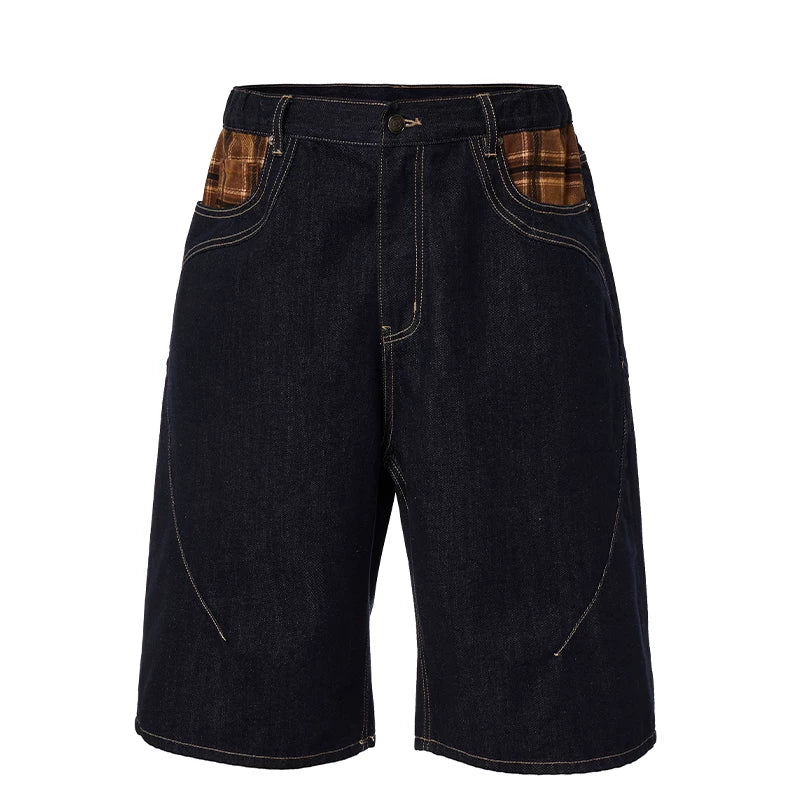 F2CE trendy original color denim shorts with loose silhouette and grid splicing, Vibe casual versatile over the knee cropped pants