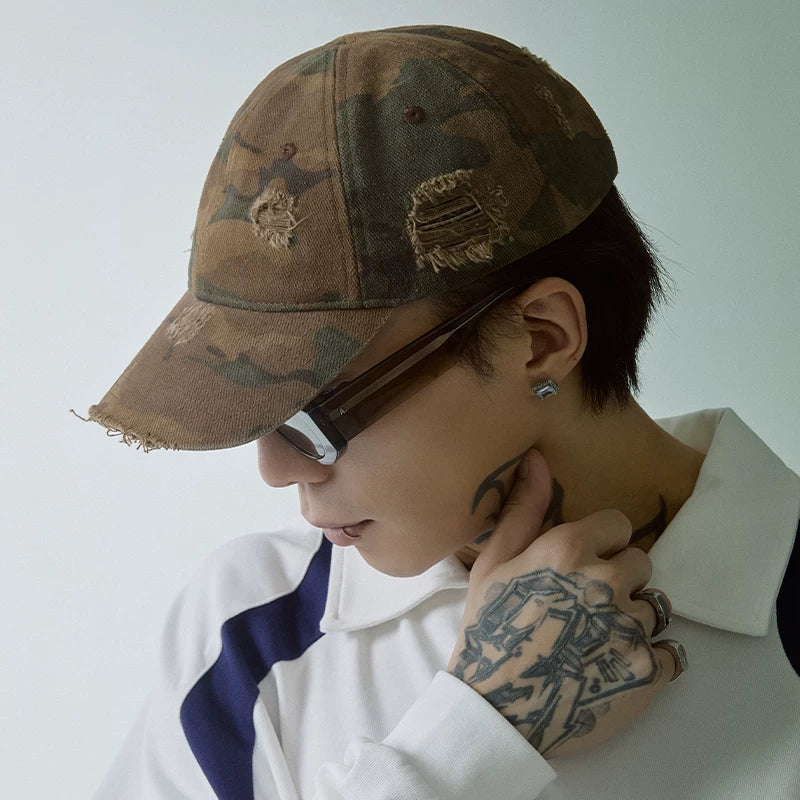 F2CE vintage American worn-out camouflage duckbill cap embroidered logo shallow curved brim cap for men and women casual couple baseball cap
