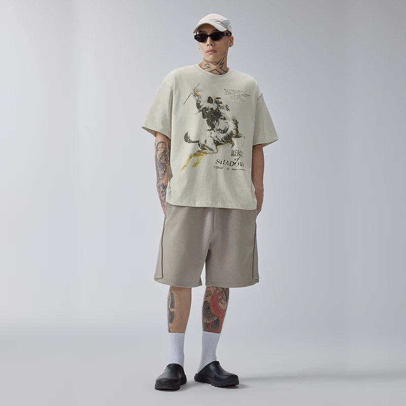 FCE American retro knight print Vintage round neck short sleeved loose and trendy high street casual t-shirt for men and women