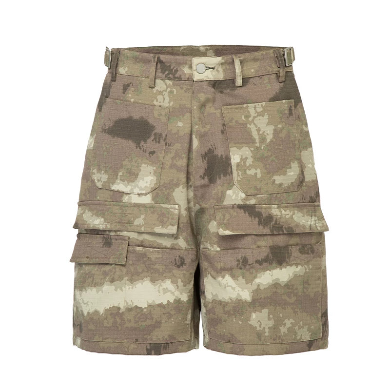 F2CE American retro camouflage shorts, men's high street multi pocket straight leg workwear pants, trendy loose and versatile capris