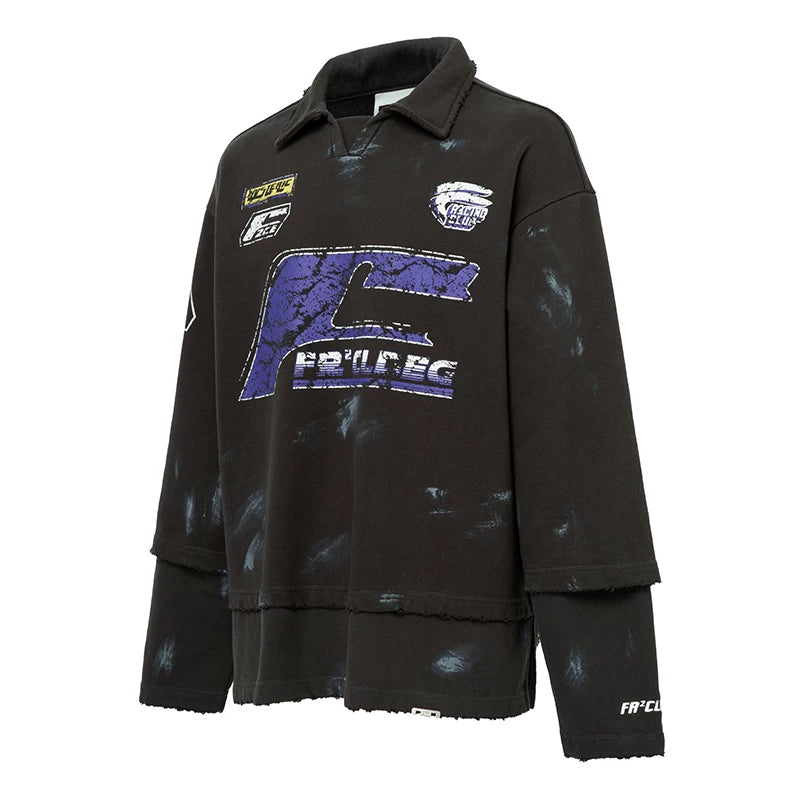 F2CE heavyweight polo shirt, American fake, two pieces worn out, stacked, racing style printed, hand-painted loose casual sweatshirt