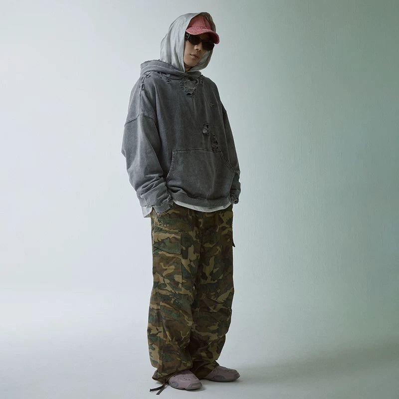 F2CE vintage solid color worn loose wide basic versatile hooded sweatshirt with metal logo collision casual hoodie trend