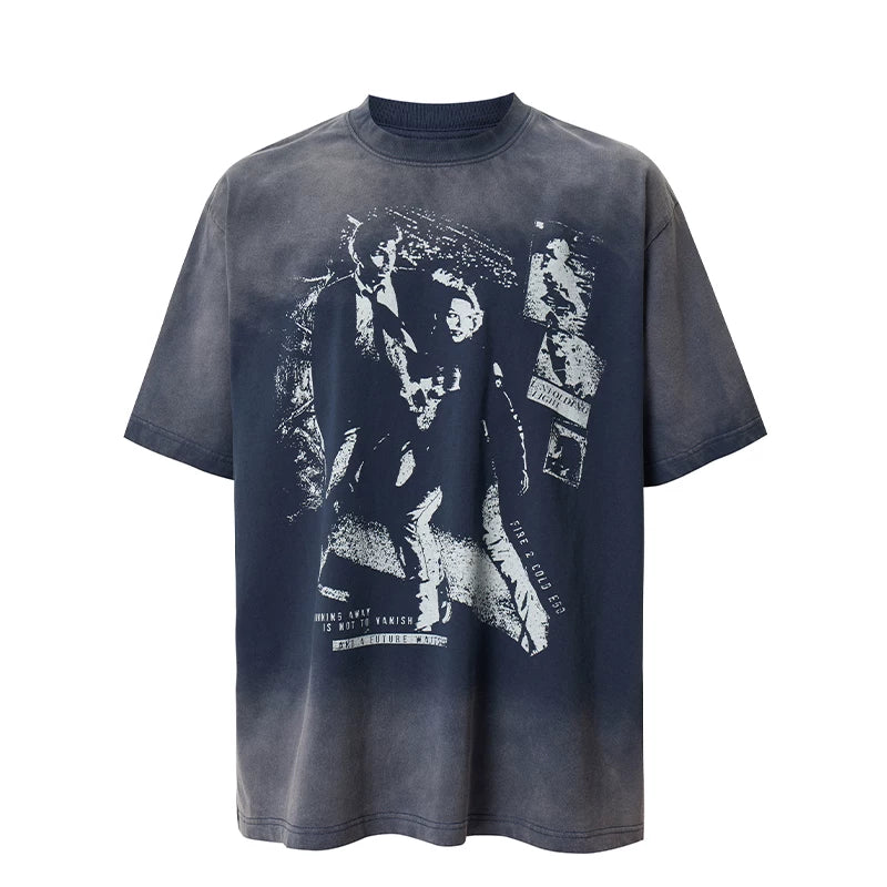 F2CE heavyweight pure cotton gradient washed portrait printed T-shirt, American style vintage loose shoulder short sleeved, unisex