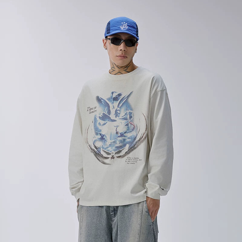 F2CE American retro printed loose casual versatile heavyweight long sleeved T-shirt trendy men's and women's round neck base shirt