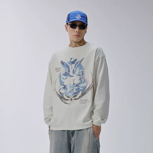 F2CE American retro printed loose casual versatile heavyweight long sleeved T-shirt trendy men's and women's round neck base shirt