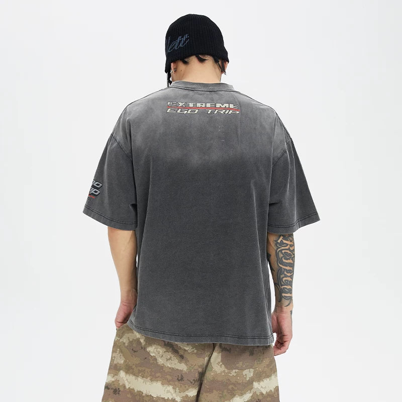 F2CE American washed gradient vintage racing style cracked letter print loose heavyweight short sleeved t-shirt for men and women