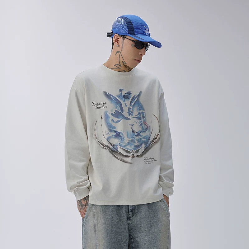F2CE American retro printed loose casual versatile heavyweight long sleeved T-shirt trendy men's and women's round neck base shirt