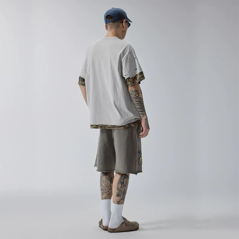 F2CE Trendy Loose Washed Outdated Printed Stamp Hairy Casual Versatile Shorts Men's Beach Pants Pentagram Pants