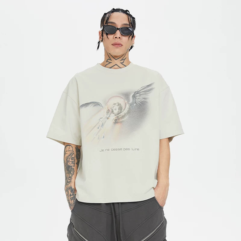 F2CE Angel Noise Printed Vintage Round Neck Short Sleeve Loose Trendy High Street Casual T-shirt for Men and Women