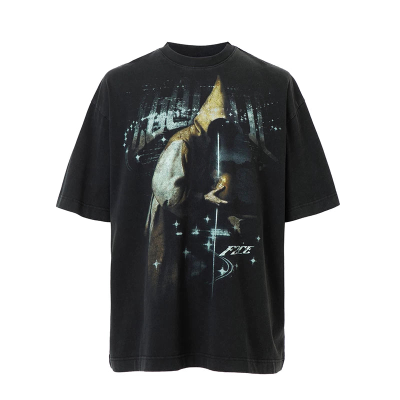 F2CE Heavy duty Washed Old American Retro Vintage High Street Trendy Printed T-shirt Summer Loose Casual Short Sleeve