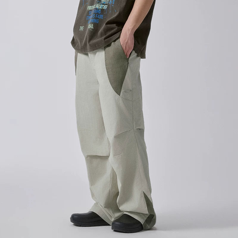 F2CE splicing color blocking functional pleated work pants, loose men's trendy straight leg high street pants, casual pants for spring and summer