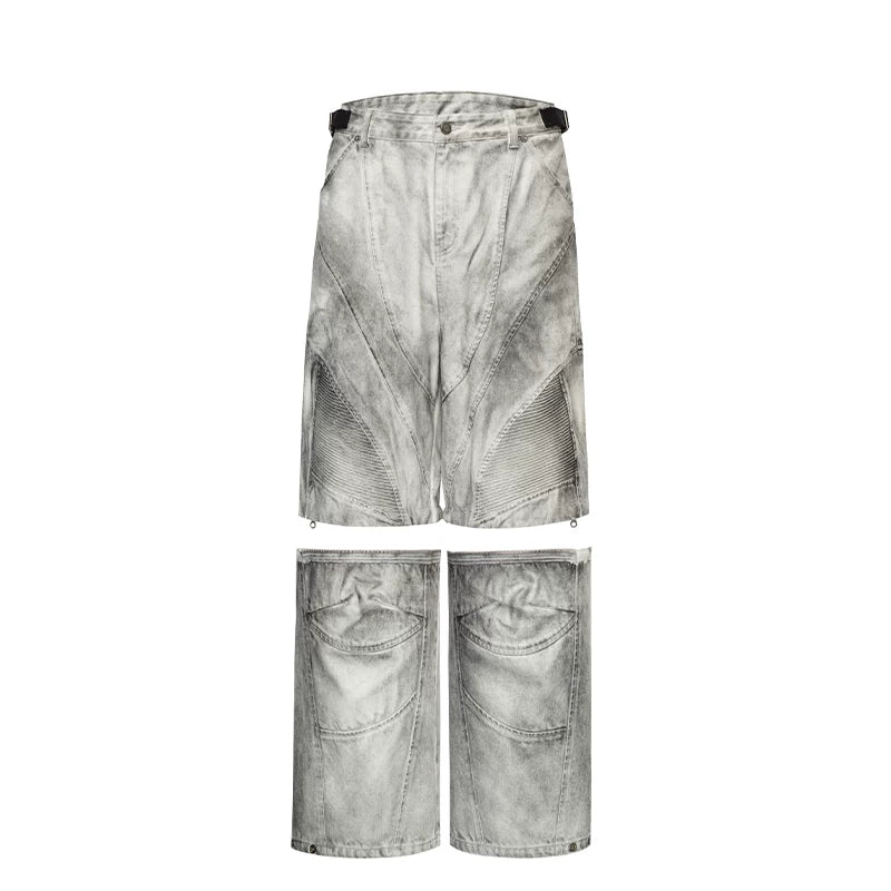 FCE detachable one pair, two pairs, loose straight leg, worn, paratrooper pleated pants, workwear, denim pants, 7-inch shorts