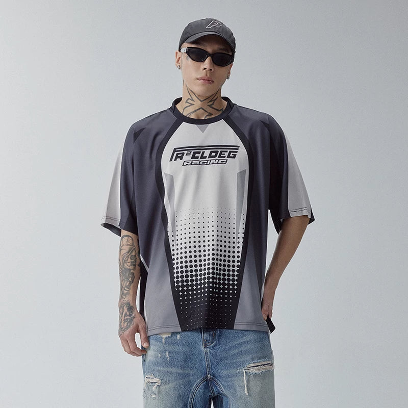 F2CE trendy short sleeved moisture absorbing quick drying retro casual patchwork printed contrasting color jersey sports top men's T-shirt