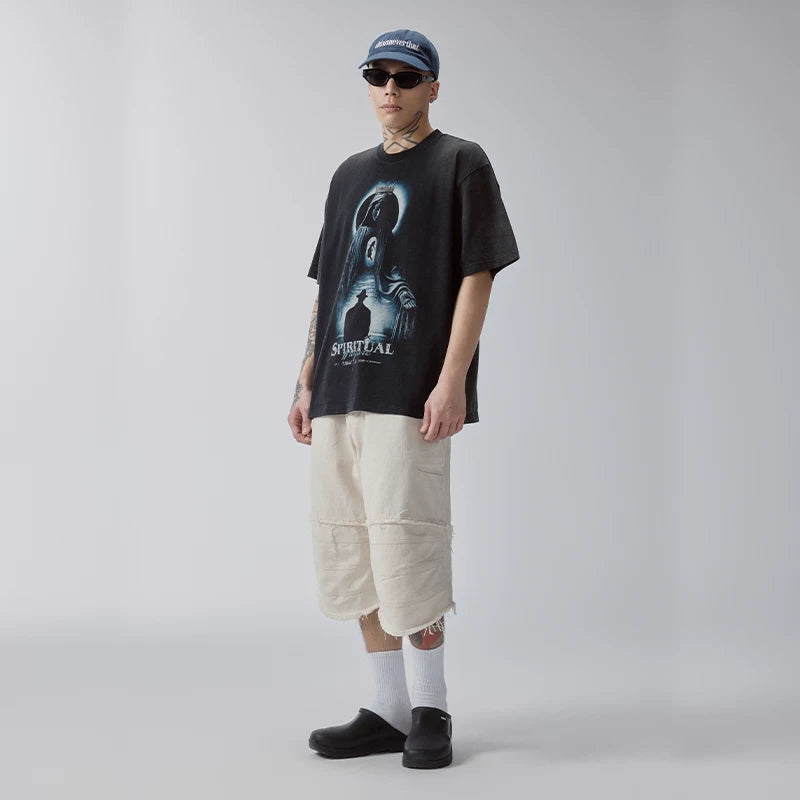F2CE Heavy duty Washed Old American Retro Vintage High Street Trendy Printed T-shirt Summer Loose Casual Short Sleeve