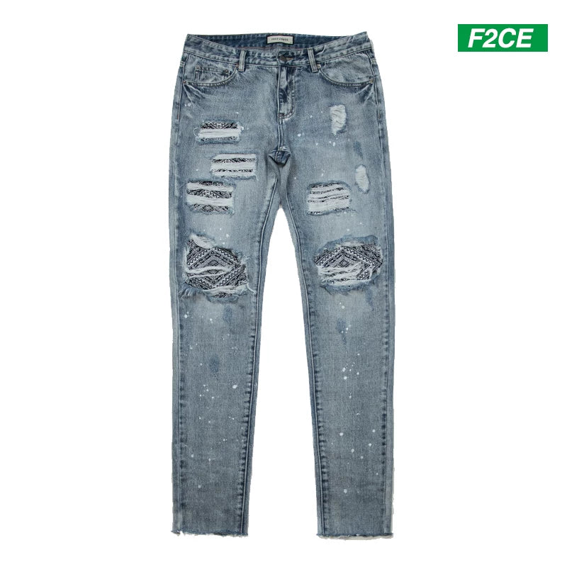 F2CE ripped pants washed with water to make old, cashew flower patch fabric replaced, loose men's spring and autumn straight leg trendy brand jeans