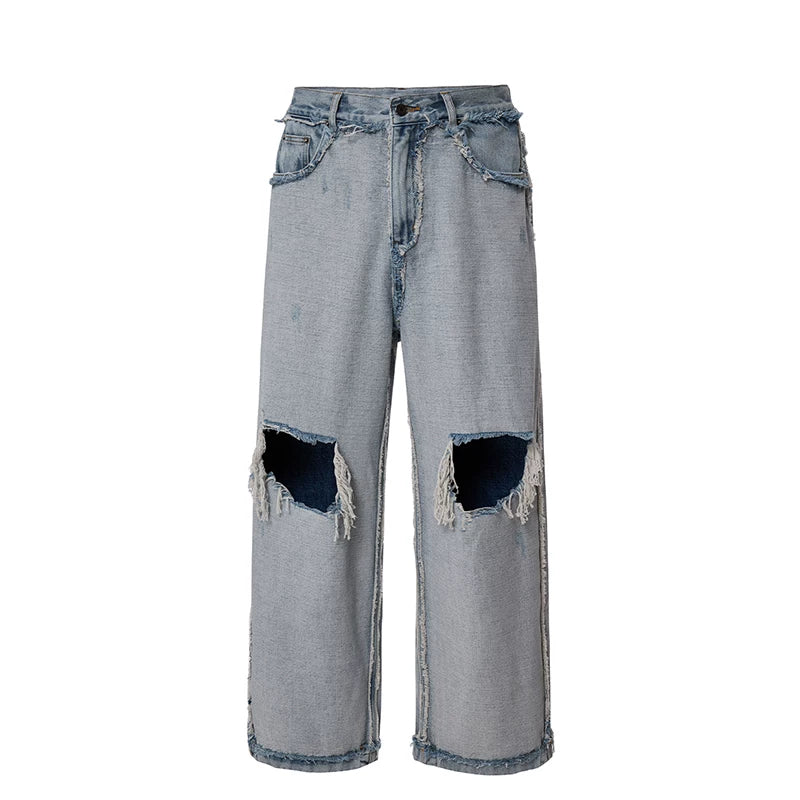 F2CE Retro Washed Outdated Anti Piercing Jeans for Men, Loose Straight Tube, Bare Haired Wide Legs, Casual Pants