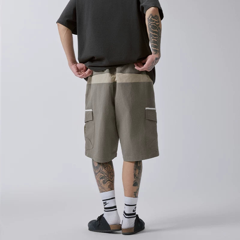 F2CE mountain style outdoor contrasting color splicing trendy workwear shorts for men, retro vintage vintage multi pocket functional casual shorts