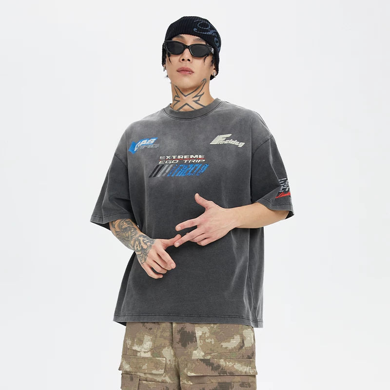 F2CE American washed gradient vintage racing style cracked letter print loose heavyweight short sleeved t-shirt for men and women
