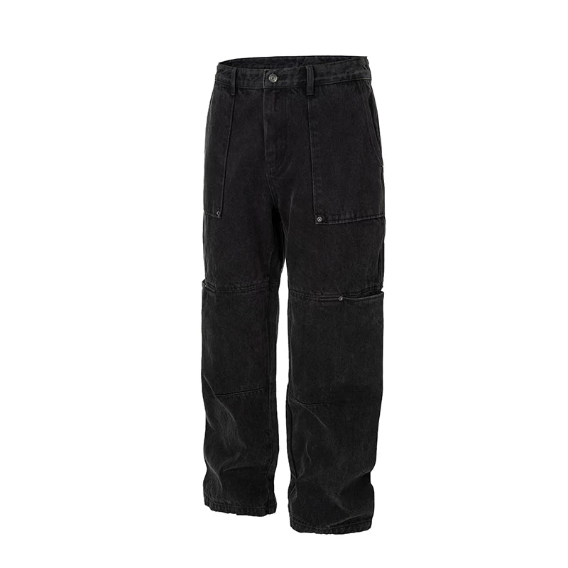 F2CE High Street Trendy American Casual Pants Used Jeans with Multiple Pockets Loose and Loose Straight Tube Workwear Pants