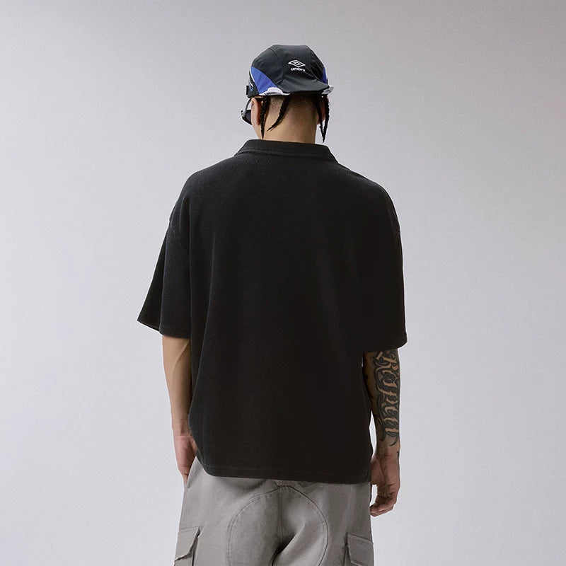F2CE heavy-duty washed vintage polo shirt, American retro waffle print couple T-shirt, loose casual short sleeved shirt