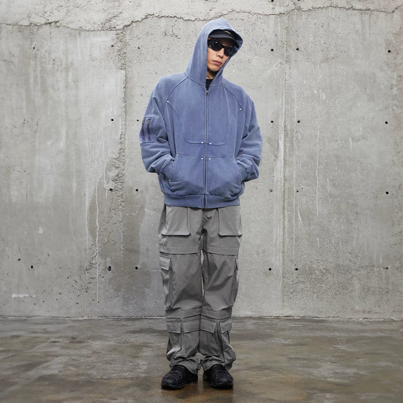 F2CE vintage solid color functional hooded cardigan sweatshirt with worn out studs, loose deconstruction zipper, casual jacket trendy