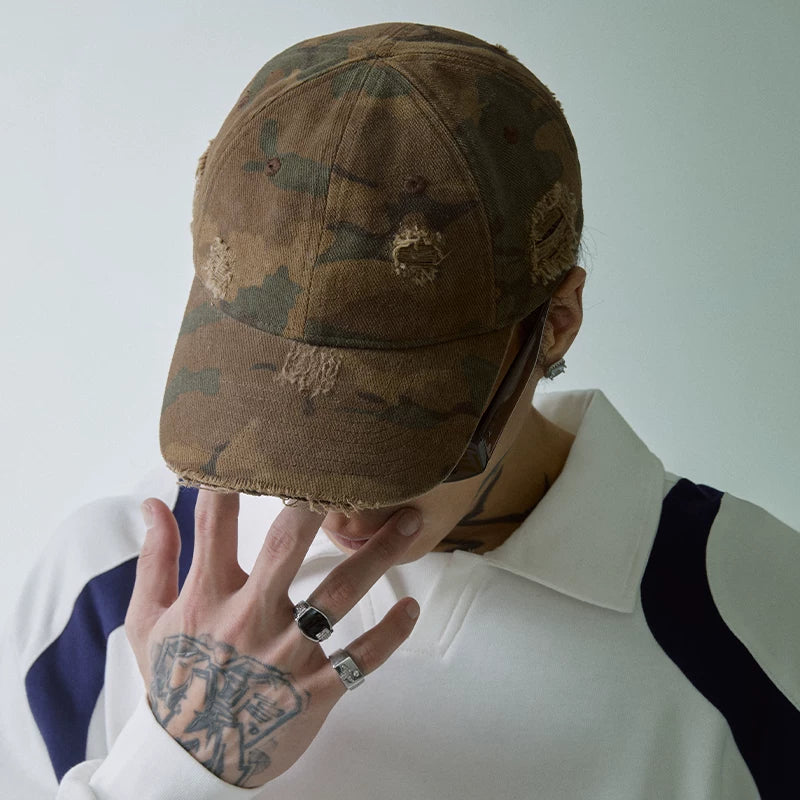 F2CE vintage American worn-out camouflage duckbill cap embroidered logo shallow curved brim cap for men and women casual couple baseball cap