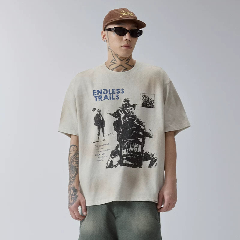 F2CE Trendy Heavy Old Mud Dyeing Printed Short Sleeve Loose Wide Couple Casual Versatile T-shirt Half Sleeve