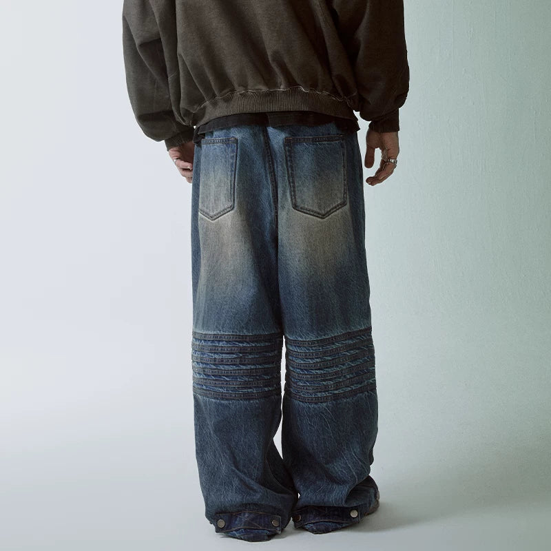 F2CE heavyweight dirty retro washed old loose straight leg bone pleated wide leg autumn and winter trendy jeans