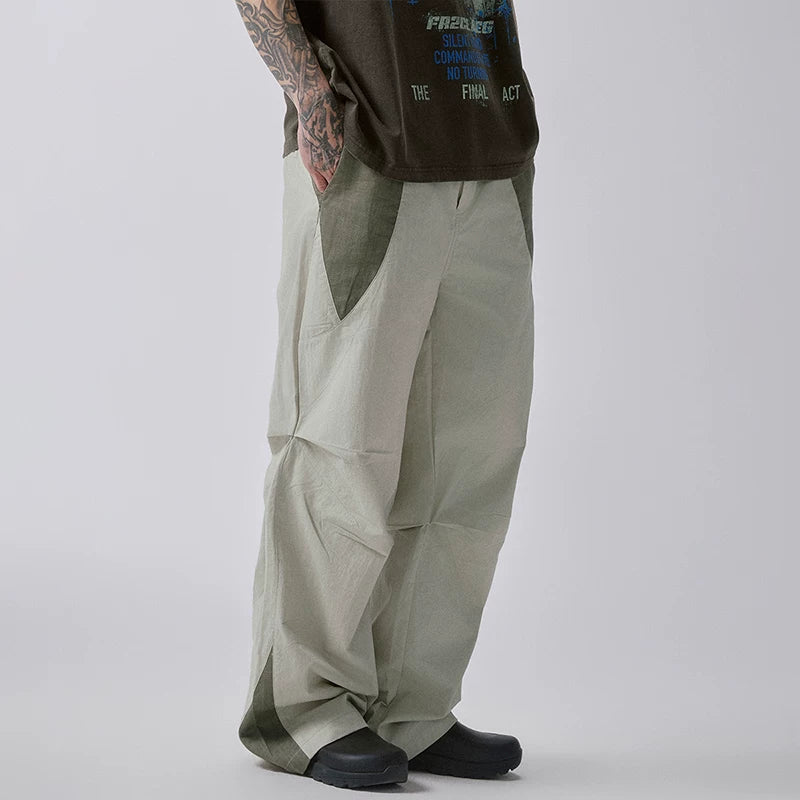 F2CE splicing color blocking functional pleated work pants, loose men's trendy straight leg high street pants, casual pants for spring and summer