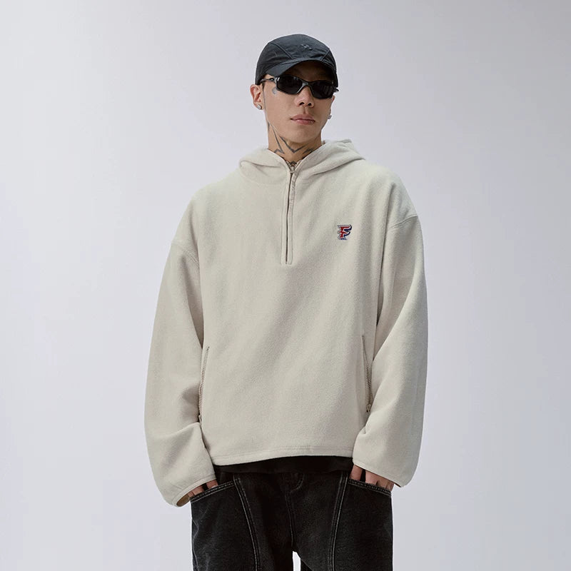 F2CE retro thick pullover hooded half zip sweatshirt with fleece fleece cap for couples, loose autumn and winter American jacket