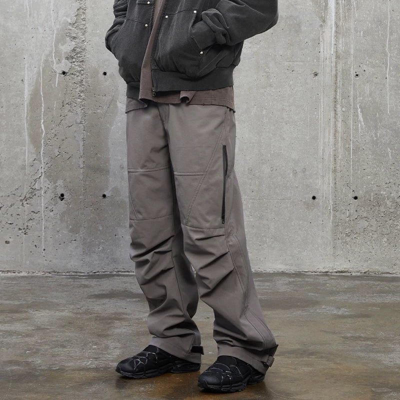 F2CE Nylon Knee Fold Thickened High Street Vibe Work Pants Loose Straight Pocket Parachute Pants Casual Pants