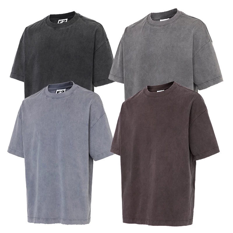 F2CE Heavy Weight 330g American Retro High Street Loose Cotton Washed Outdated Solid Color Basic Short Sleeve Men's and Women's T-shirt