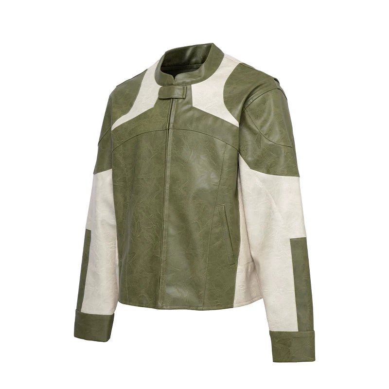 F2CE deconstruction color blocking heavyweight stiff leather jacket, vintage loose motorcycle leather jacket, men's silhouette Vibe casual jacket