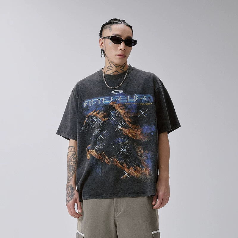 F2CE Heavy duty Washed Used T-shirt American Trendy Retro High Street Printed Couple Summer Loose Casual Short Sleeve