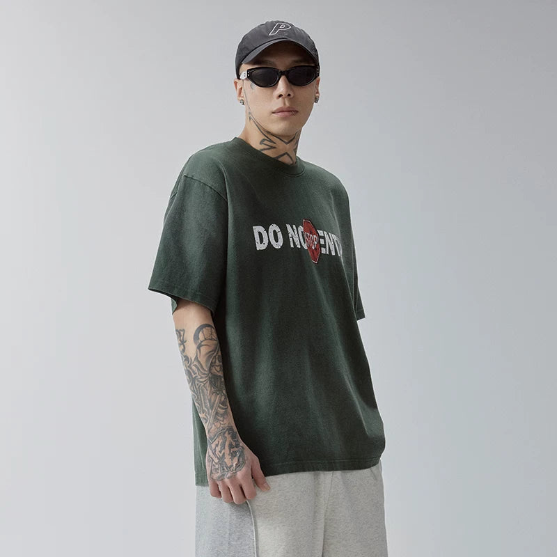 F2CE Trendy Gradient Washed Outdated Slogan Printed Short Sleeve Heavy Loose Simple Versatile T-shirt Half Sleeve for Men and Women