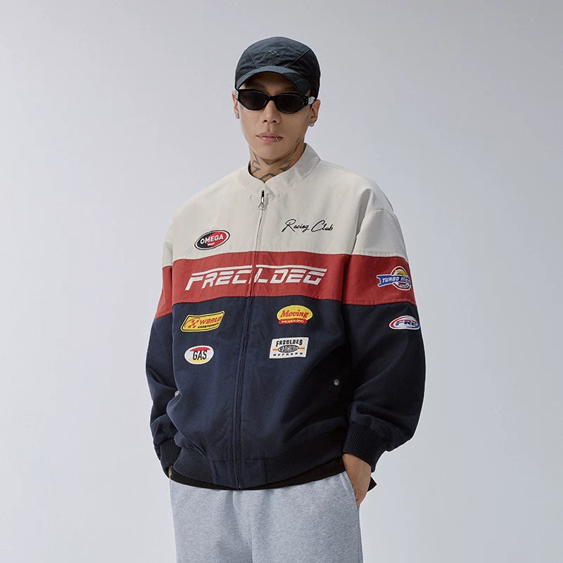 F2CE American Trendy Racing Jacket Splicing Color Contrasting Heavy Embroidered Loose Casual Men's Autumn/Winter Couple Coat