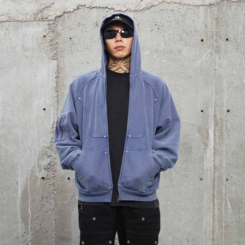 F2CE vintage solid color functional hooded cardigan sweatshirt with worn out studs, loose deconstruction zipper, casual jacket trendy