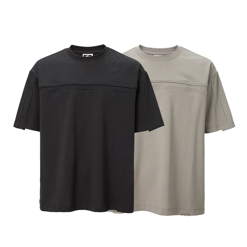 F2CE original basic versatile small collar trendy base solid color T-shirt with bone breaking splicing casual loose short sleeved shirt