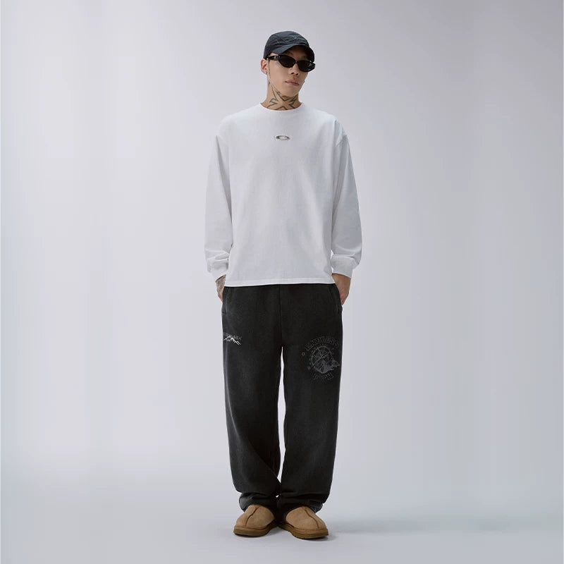 F2CE heavy-duty washed water distressed printed sweatpants for men, loose straight leg wide style trendy casual pants