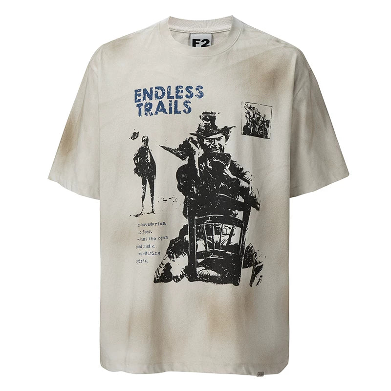 F2CE Trendy Heavy Old Mud Dyeing Printed Short Sleeve Loose Wide Couple Casual Versatile T-shirt Half Sleeve