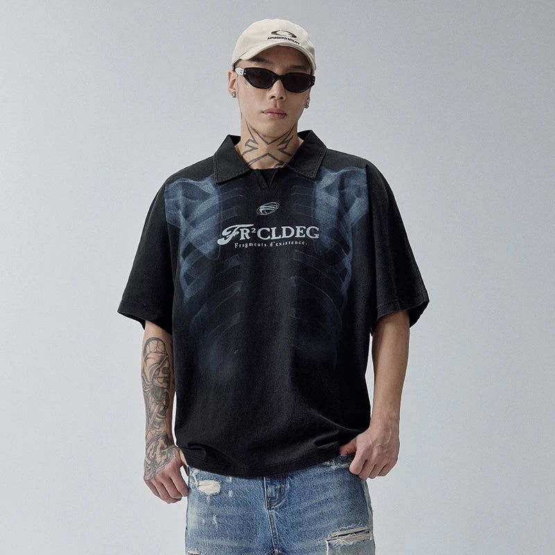 F2CE heavy-duty washed vintage polo shirt, American retro high street printed couple T-shirt, summer loose casual short sleeved shirt